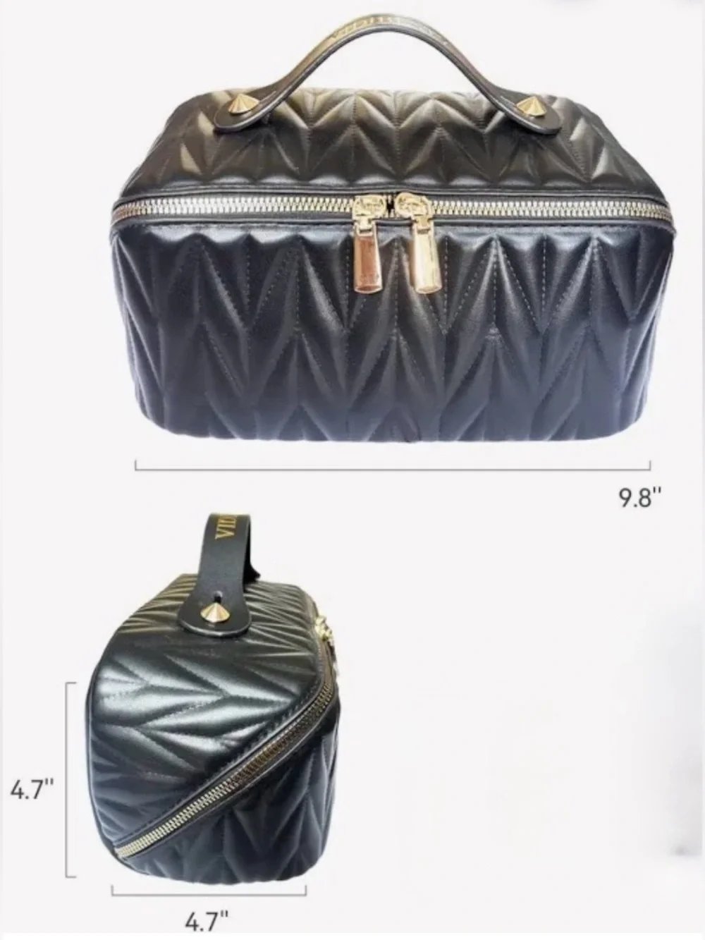 Large Black Quilted Top-Handle Makeup Case with Gold Zip-NWOT